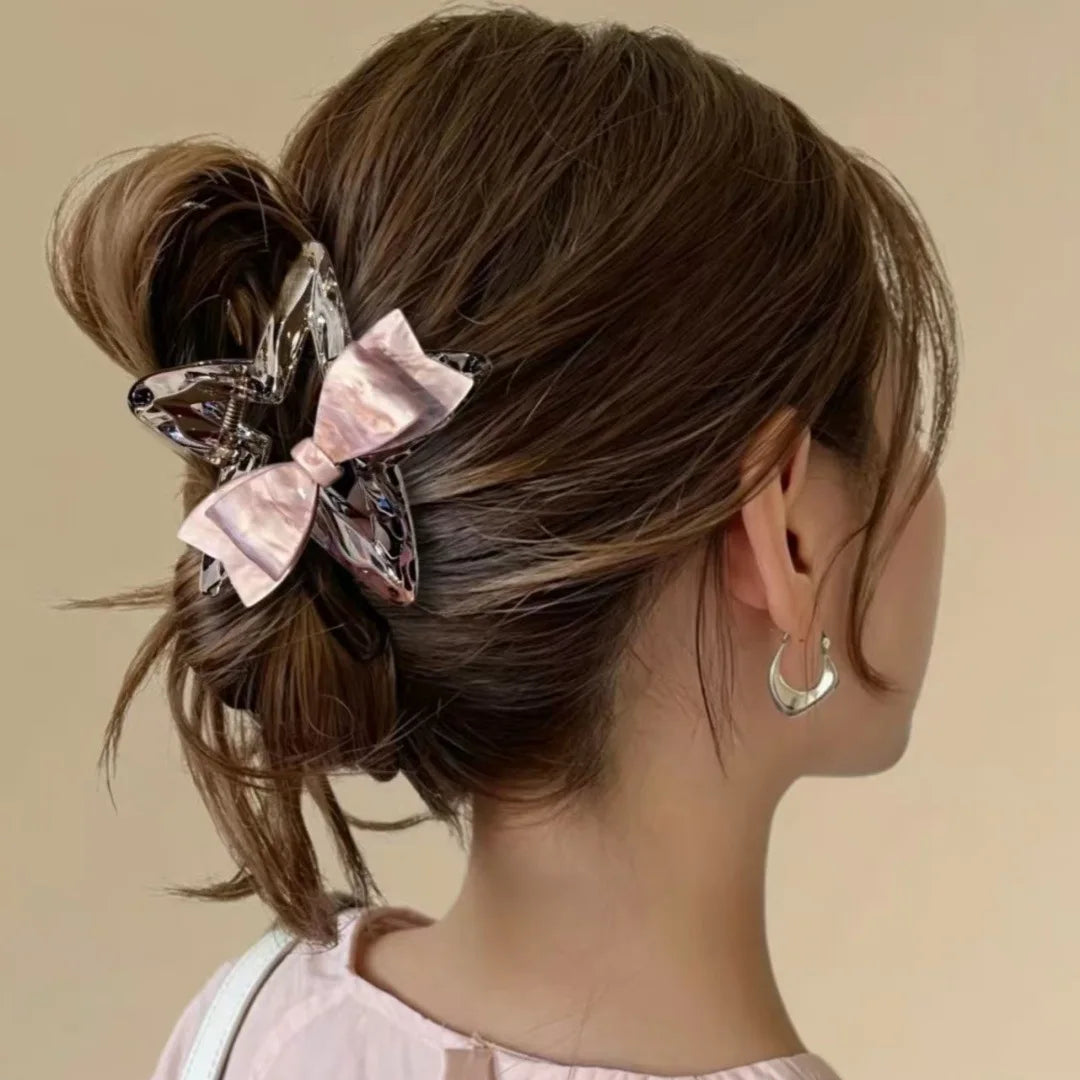 2026 New Pink Bow Tie Transparent Tea Star Hairpin Internet Celebrity Same Plate Hairpin Versatile Back Head Medium Grab Clip