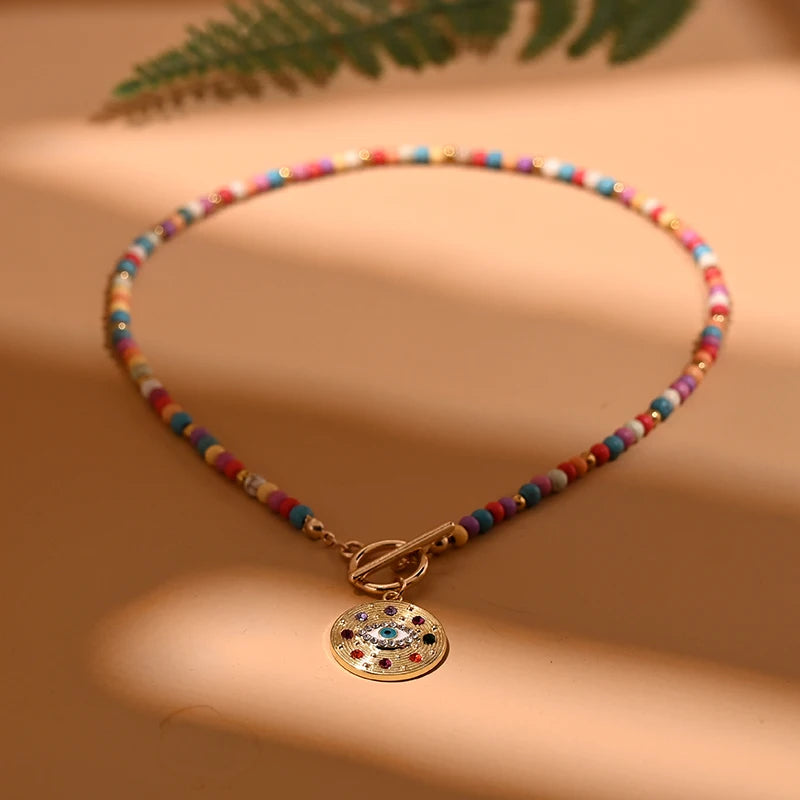 Colorful Stone Choker Necklace | Round Evil Charm Pendant for Women alternate view