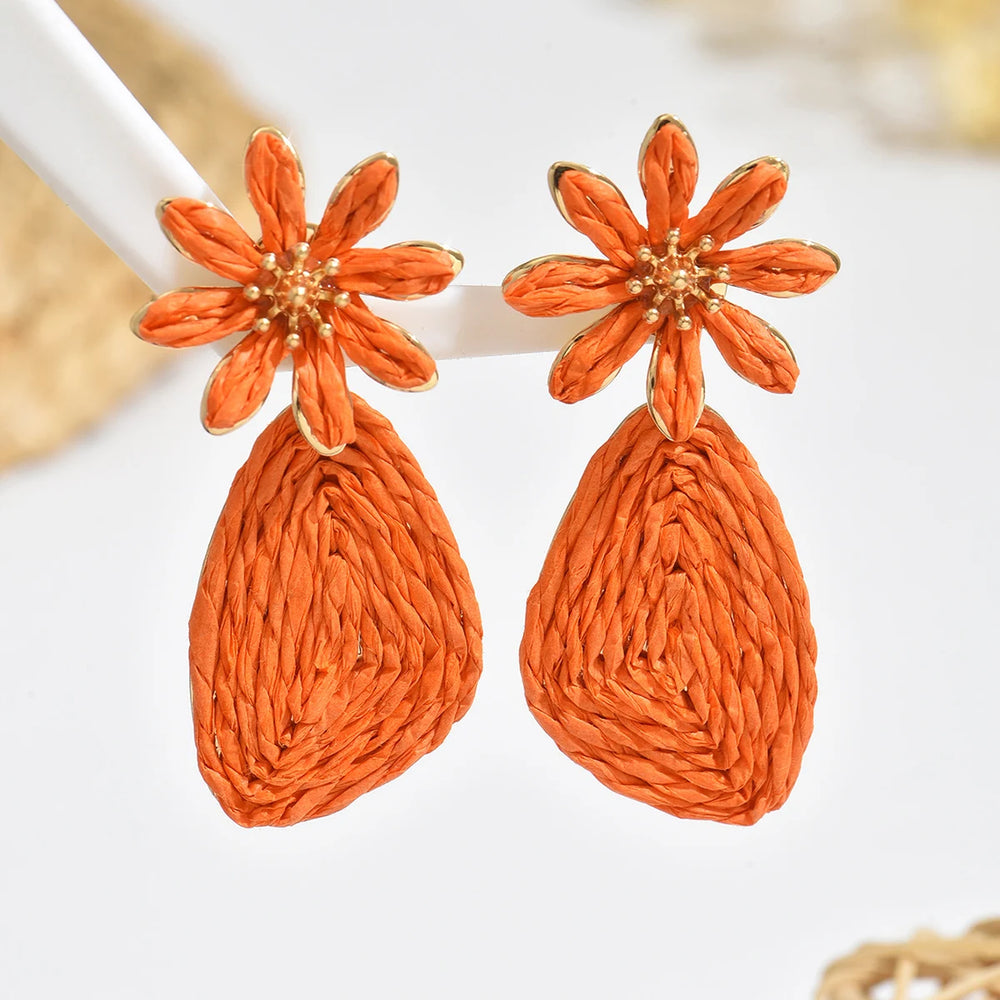 Bohemian Raffia Flower Drop Earrings | Handmade Summer Jewelry close-up view