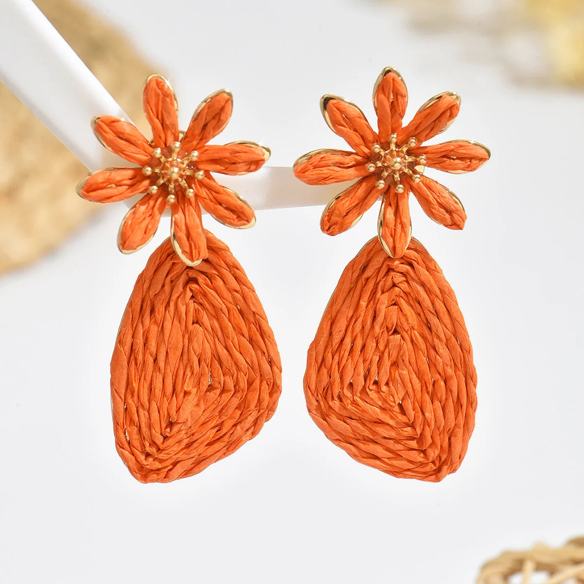 Bohemian Raffia Flower Drop Earrings | Handmade Summer Jewelry close-up view