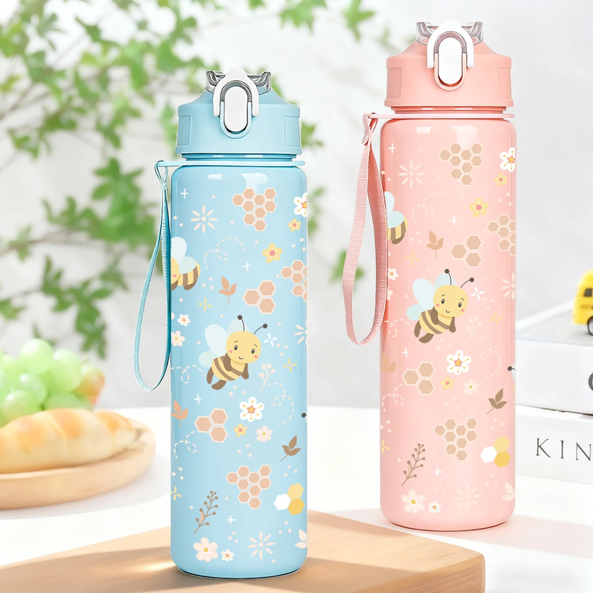 Sweet Honeycomb Bee Pattern Reusable Plastic Water Bottle, Lightweight Leakproof Flip alternate view