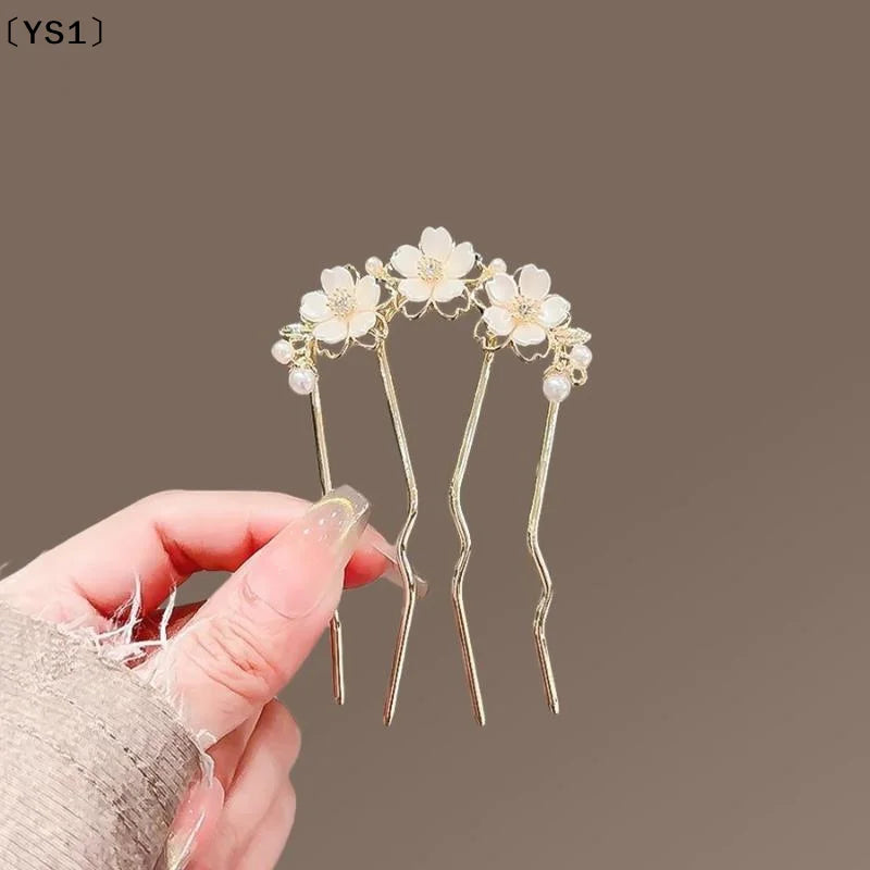 〔YS1〕Elegant Pearl Flower Hair Combs Pins French Retro Bun Hair Accessories Women Daily U-shaped Hairpin Female Alloy Hair Clasp