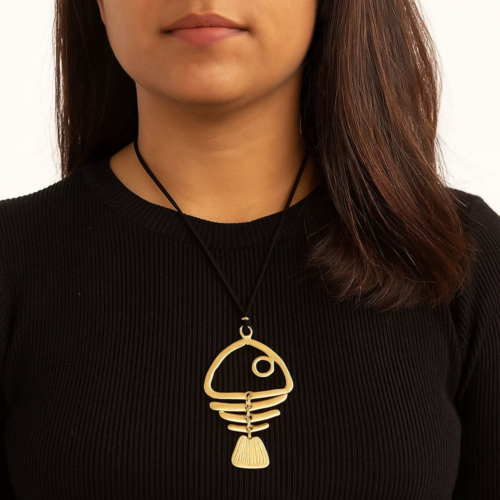 1 Piece Matte Golden Large Fishbone Punk Pendant Bohemia Long Chain Necklace Jeweller alternate view