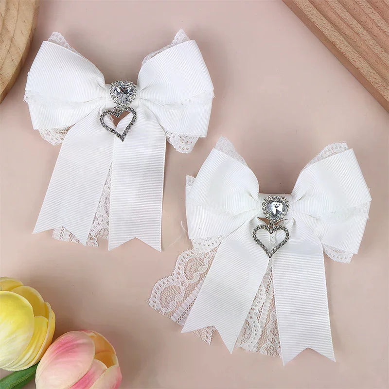 Women's Lace Bow Tie Brooches Hairclip Heart Shape Rhinestone Pendant Lolita Skirt Acc close-up view