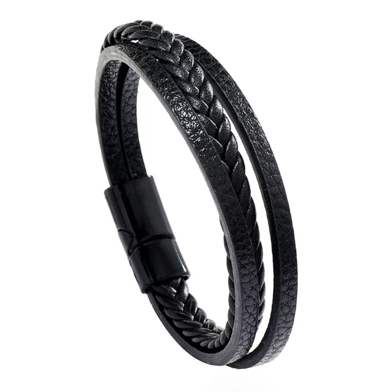 Multi Layer Braided Rope Bracelet for Men | Classic Handmade PU Leather Wristband with close-up view
