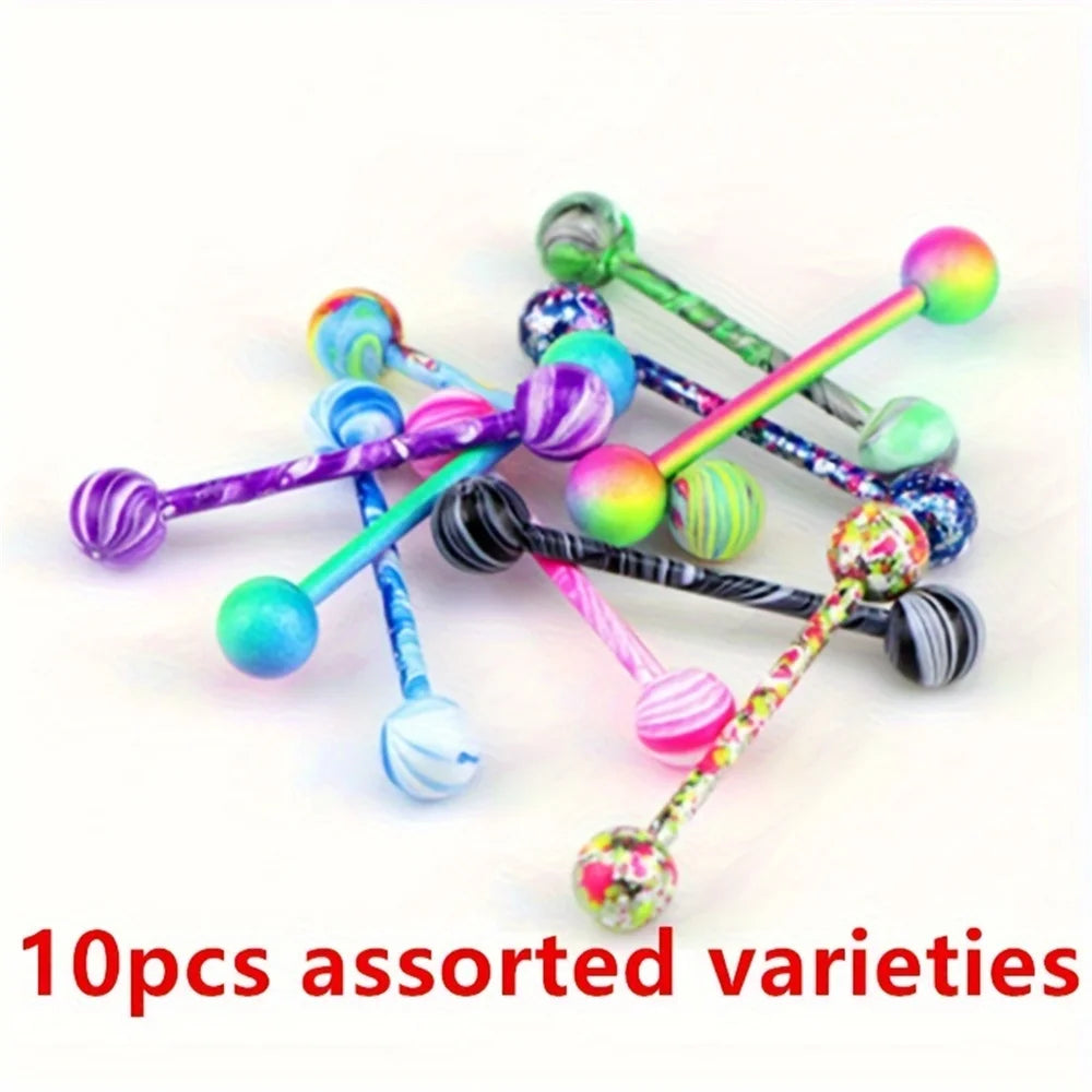 10pcs/set Tongue Rings Barbells Piercing Colorful Stainless Steel Ball Tongue Rings Barb detail view