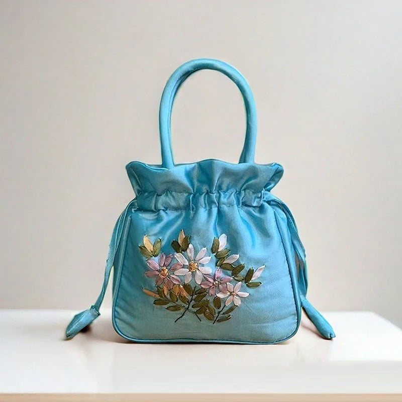 ZTBBAO Embroidered Flower Bucket Bag | Small Top Handle Handbag for Women detail view