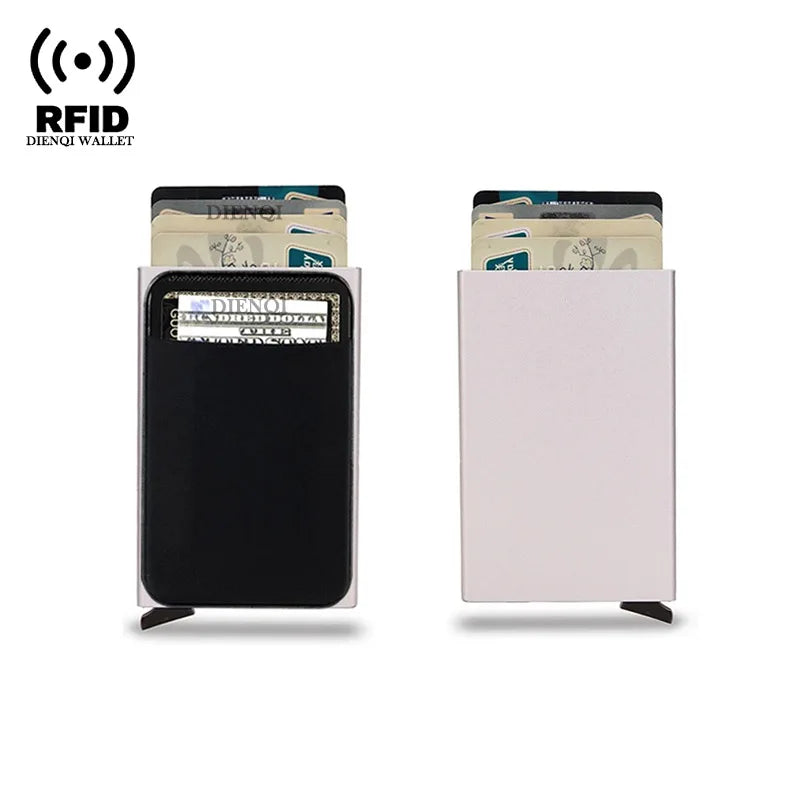 DIENQI RFID Credit Card Holder | Slim Pop-Up Metal Wallet close-up view