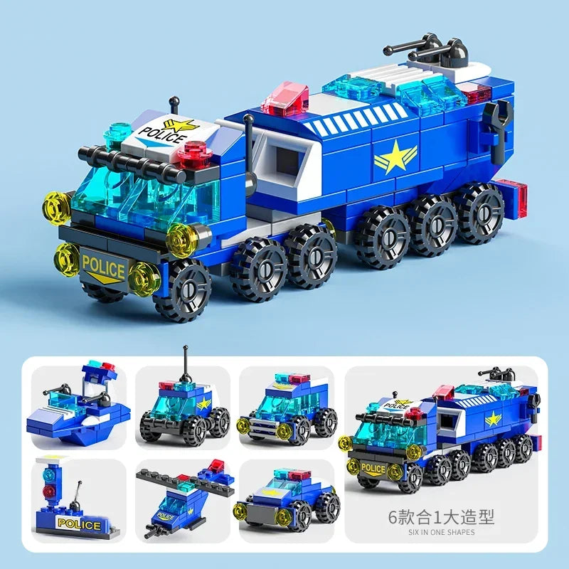 City Fire Car Building Blocks Set | 6-in-1 Police Truck, Engineering Crane, Tank & Hel close-up view