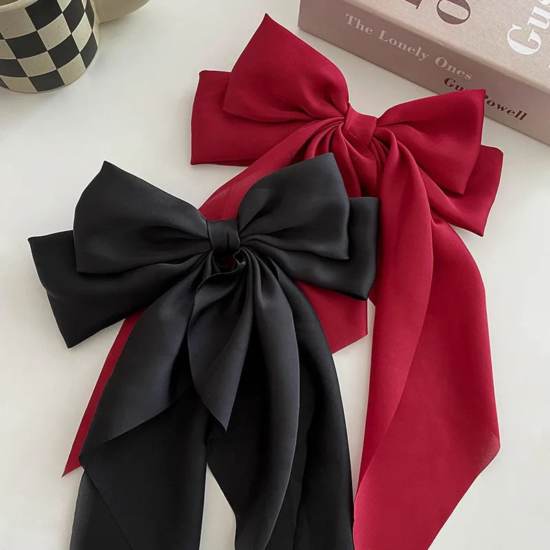 Korean Accessories Hair Clips for Women Girls Big Bowknot Solid Satin Long Ribbon B additional angle