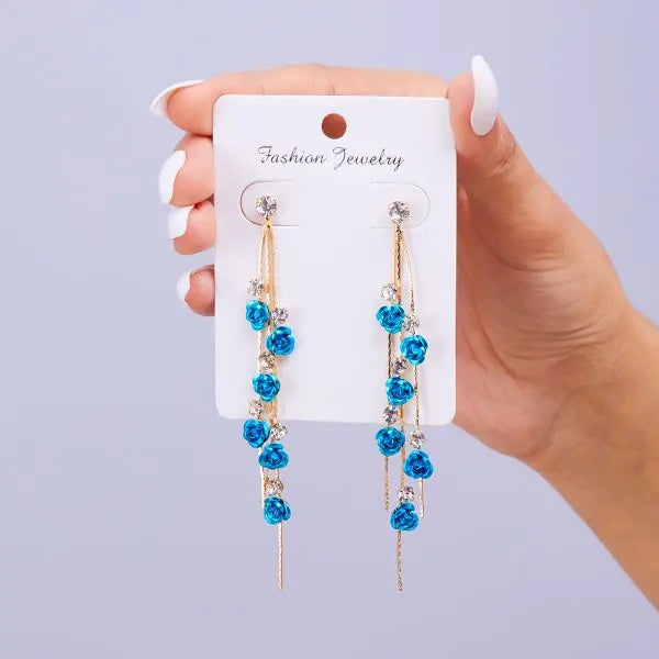 Red Rose Drop Earrings Zinc Alloy Vintage Rhinestone Flowers