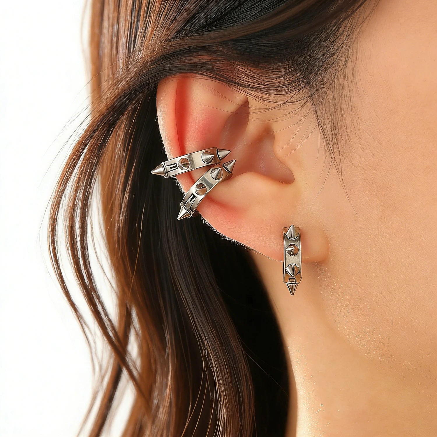 3Pcs Stainless Steel Gothic Punk Clip Earrings Unisex Spike Rivet Cross Non-Pierced Earr detail view