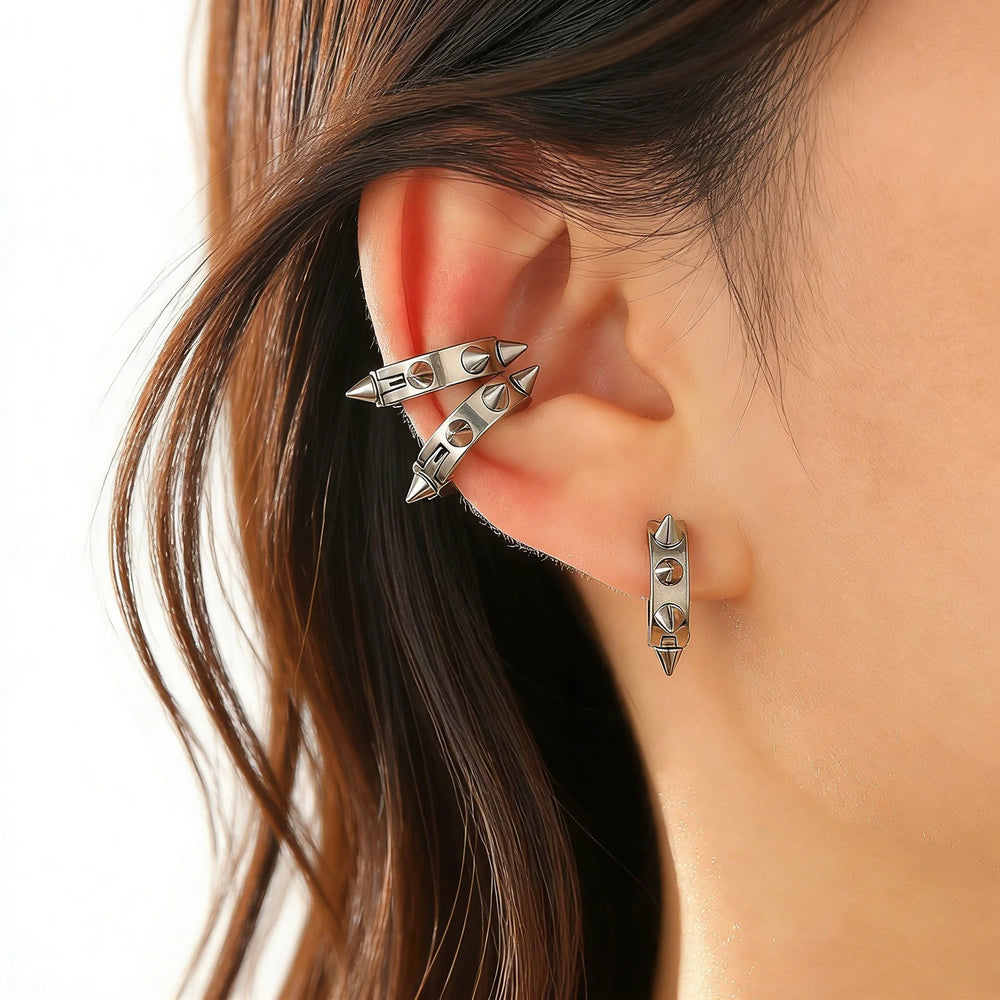 3Pcs Stainless Steel Gothic Punk Clip Earrings Unisex Spike Rivet Cross Non-Pierced Earr detail view
