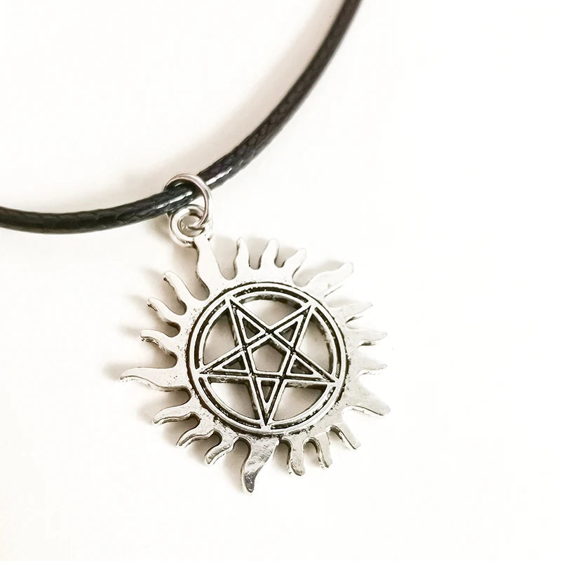 Supernatural Pentagram Star Pendant Necklace for Women Men Black Fashion Choker Wicca close-up view