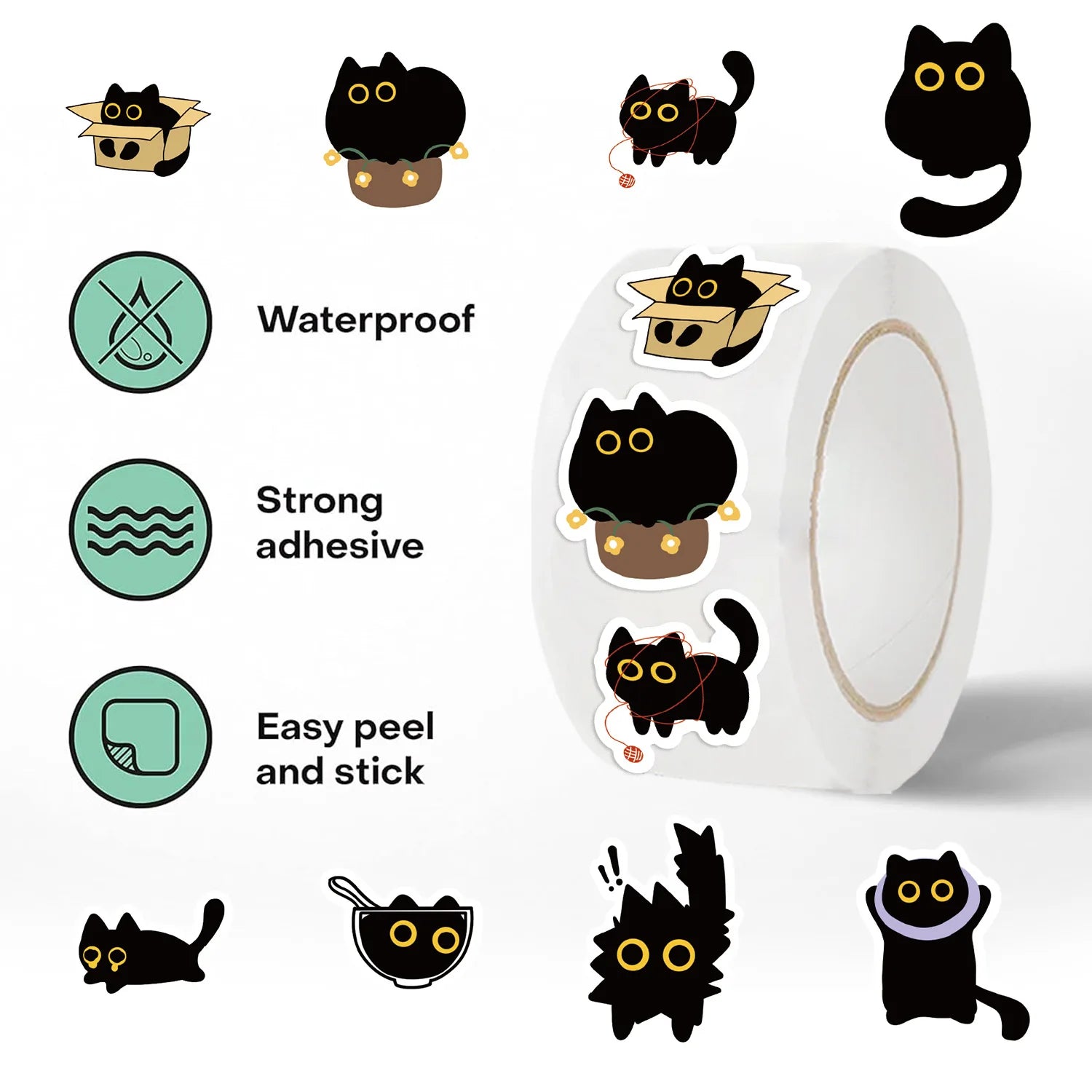 100-500Pcs Cartoon Cat Sticker Roll Set | DIY Decorative Stickers for Party, Phone, G alternate view