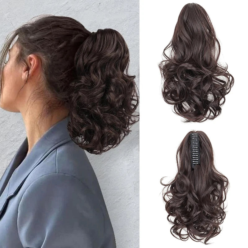 10Inch Synthetic Short Wavy Curly Ponytail Claw Clip in Hair Extension Brown Blonde Black Hairpiece