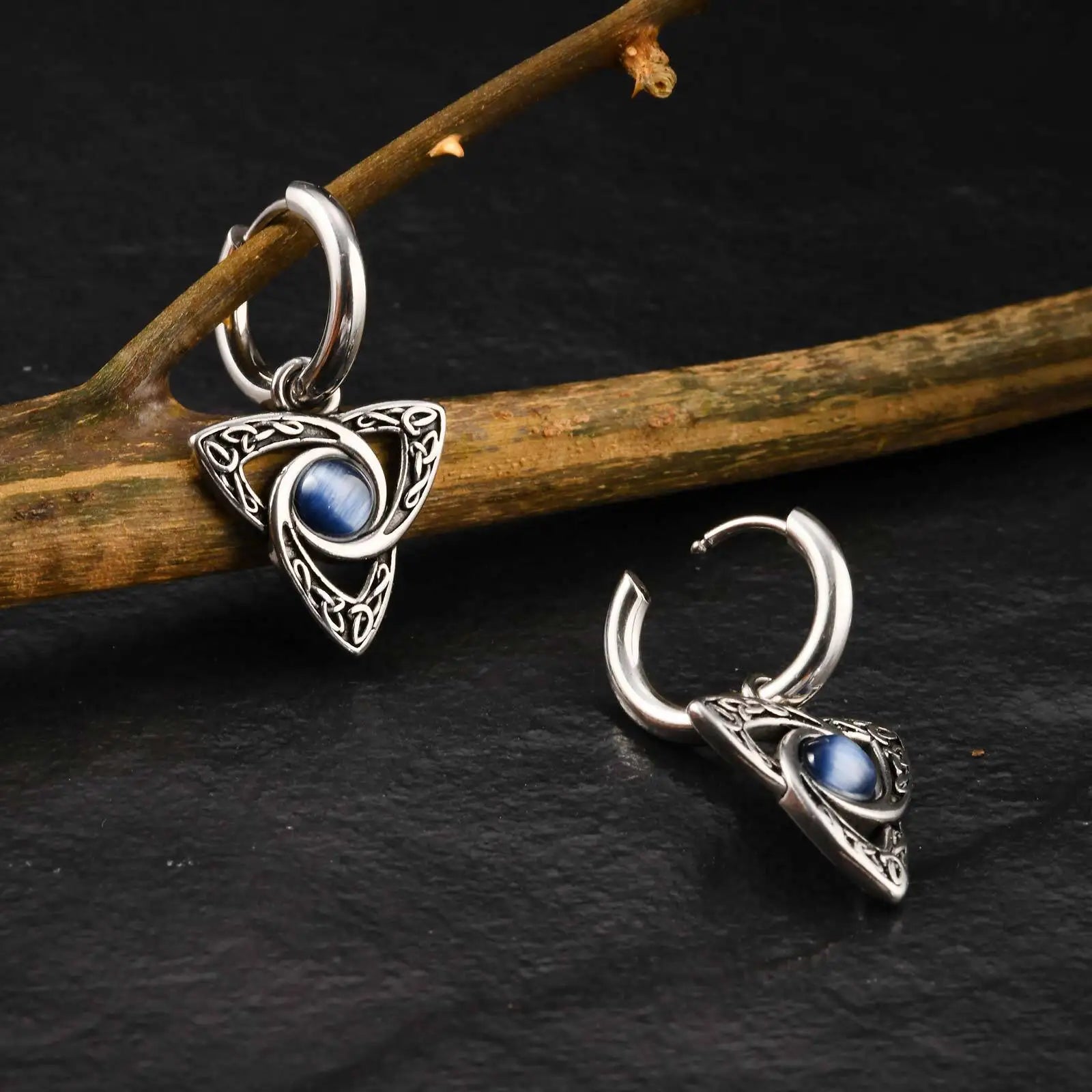 Stainless Steel Moonstone Hoop Earrings for Men | Punk Hip Hop Jewelry Gift close-up view