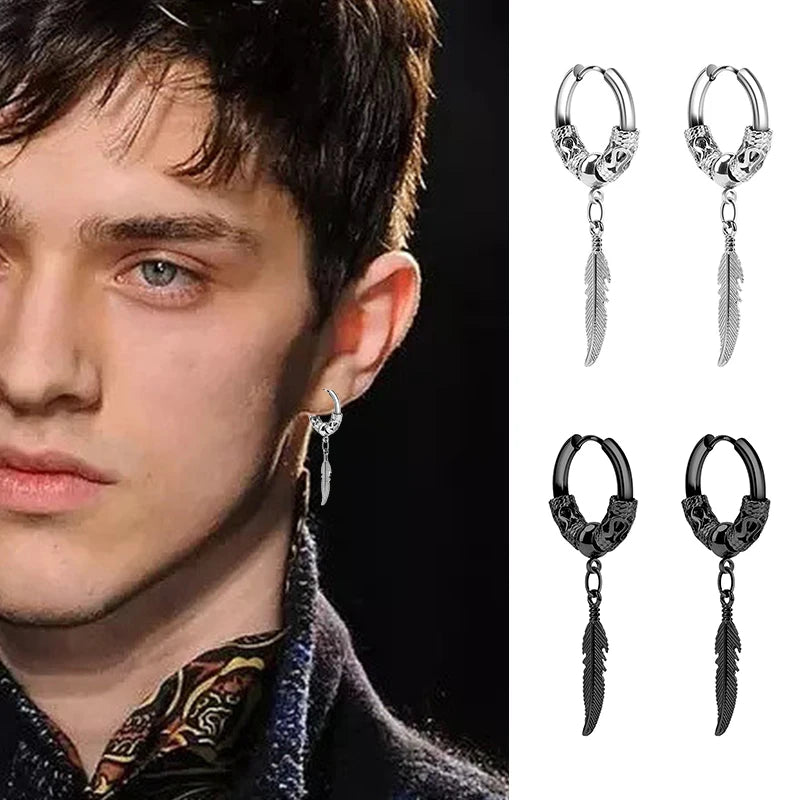 2Pcs Fashion Stainless Steel Feather Leaf Coil Earrings Punk Rock Hoop Stud Earrings For Women men J