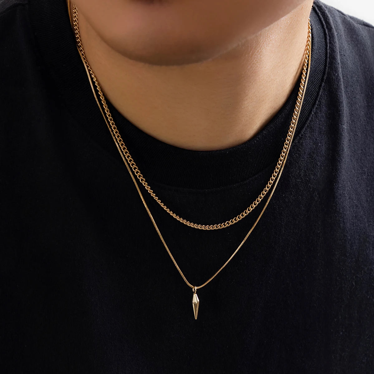 KunJoe 2pcs/set Stainless Steel Metal Rivet Pendant Thin Snake Chain Necklace for Men alternate view