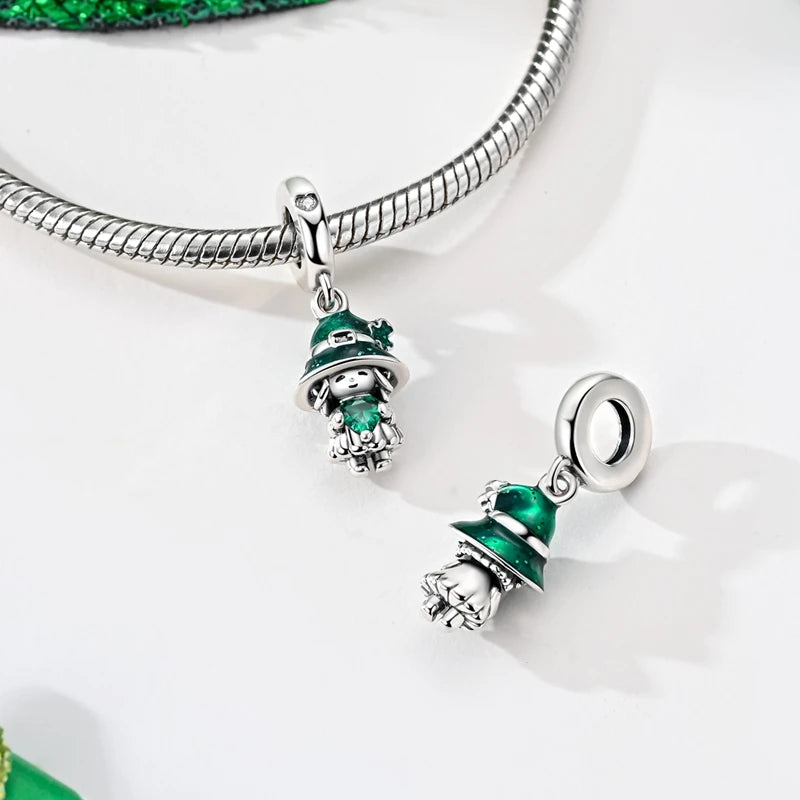 925 Sterling Silver Pendant Charms Beads Green Four-leaf Clover Love Family Tree Charm close-up view