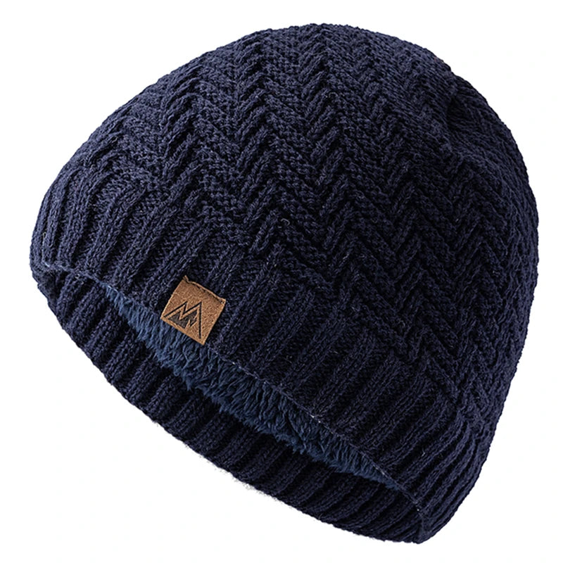 Unisex Peak Labal Winter Hat | Warm Knitted Beanie with Plush Fur Lining close-up view