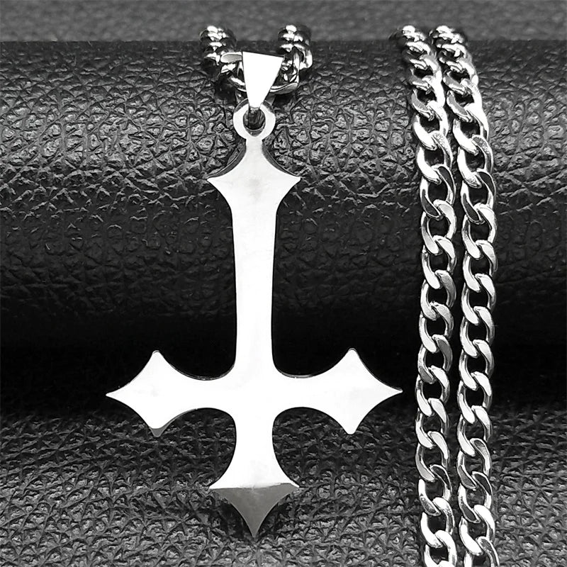 Goth Upside Down Cross Stainless Steel Pendant Necklace | Inverted Crucifix Gothic additional angle