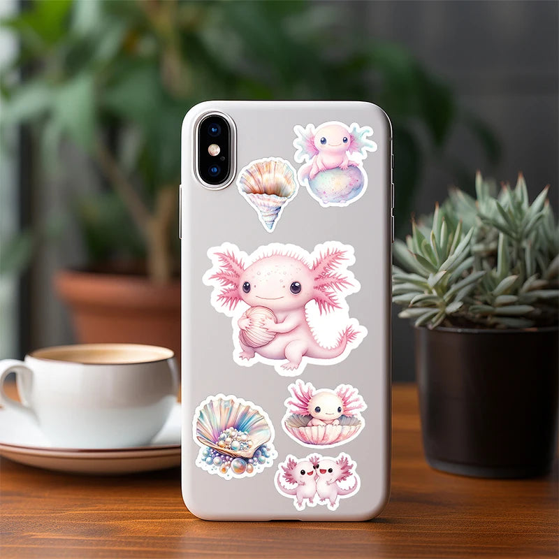 50PCS Pink Axolotl Stickers Cute Cartoon Salamander Stickers Waterproof Vinyl Animal lifestyle view