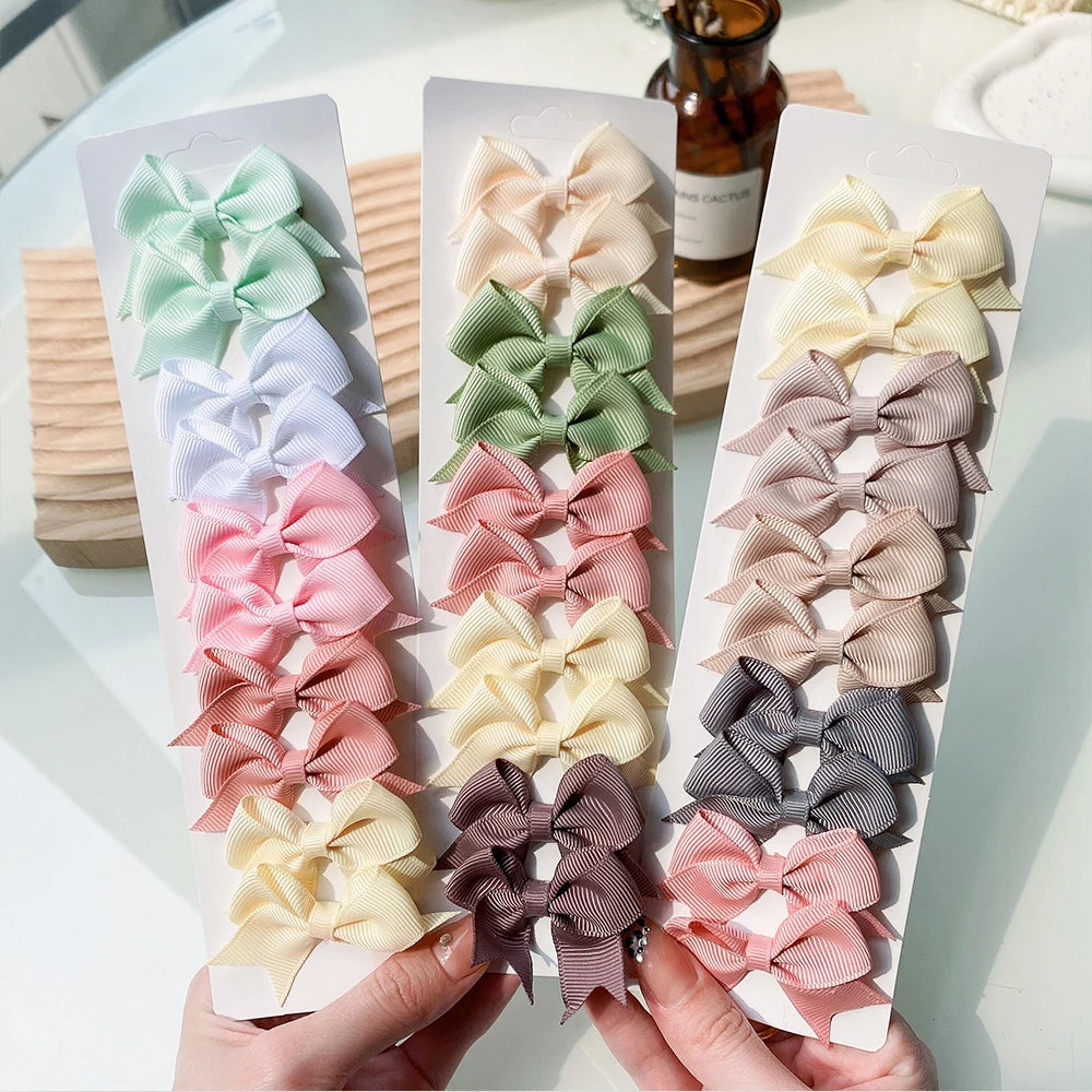 10Pcs/Set New Cute Solid Ribbon Bowknot Hair Clips for Baby Girls Handmade Bows Hairpin Barrettes He