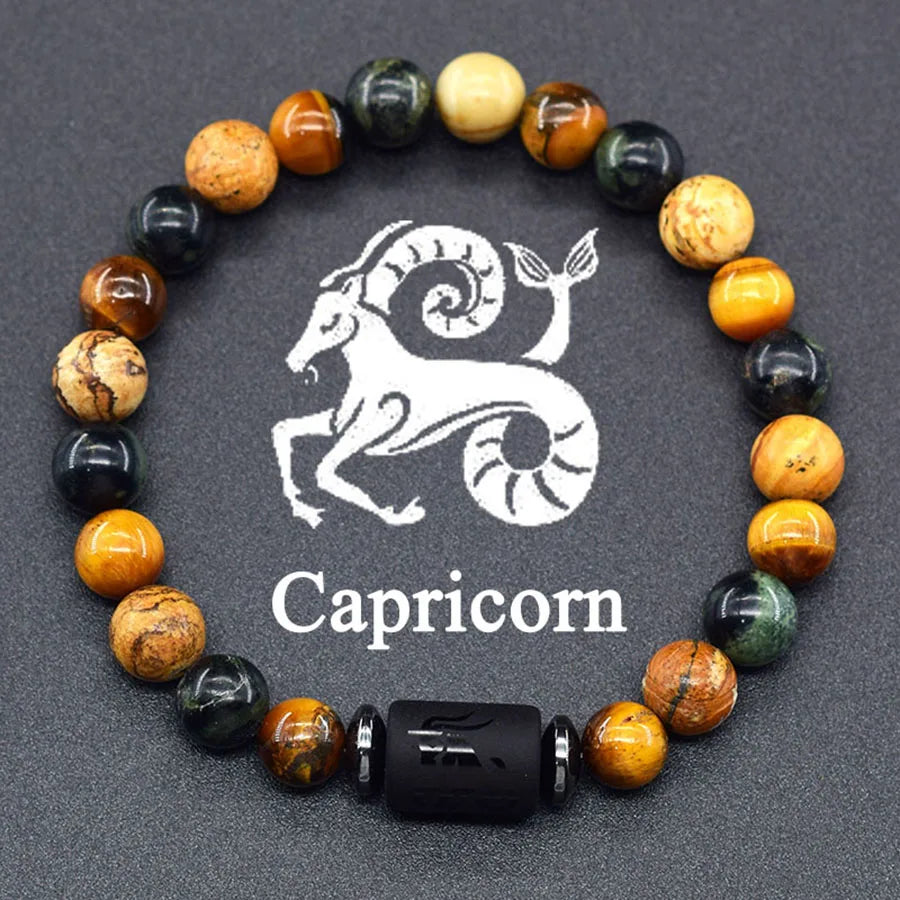 12 Zodiac Sign Bracelet Homme Constellation Bangle Natural Yellow Tiger Eye Stone H additional angle