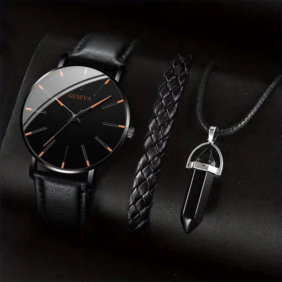 3PCS/Set Men Business Watches Casual Leather Band Analog Male's Quartz Watch Necklace Br detail view