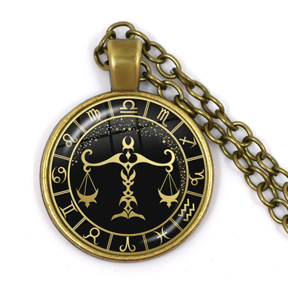 12 Constellation Zodiac Pendant Necklace | Antique Bronze Glass Dome Jewelry additional angle
