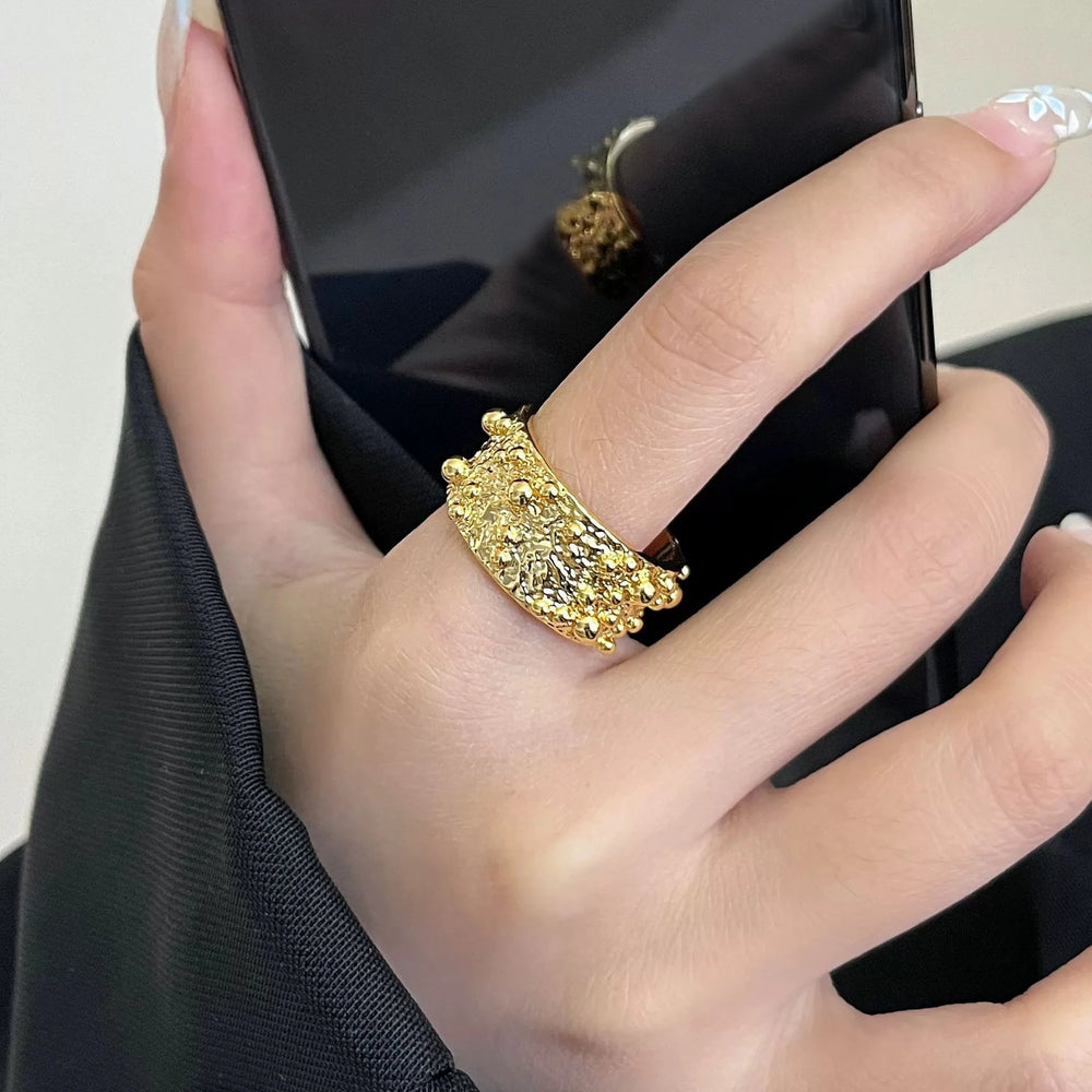PANJBJ 925 Sterling Silver Frosting Geometry Ring for Women Wide Texture Versatile Han close-up view