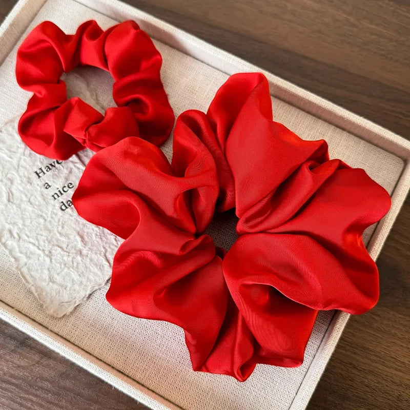 Retro Satin Red Color Hair Scrunchies Headband Women Temperament Hair Rope Tie Ponytai close-up view