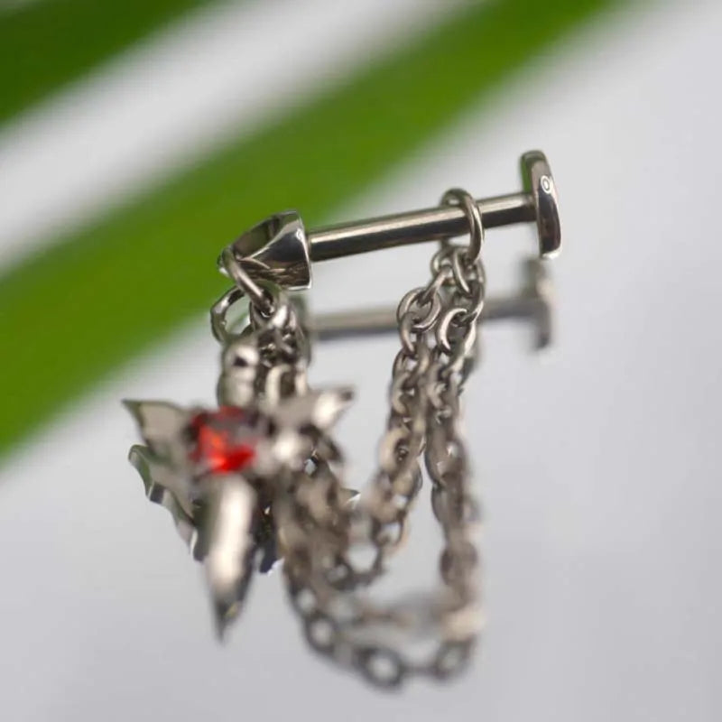 Stainless Steel Red Zircon Wing Chain Piercing Earring for Women Men Gothic Silver Col close-up view