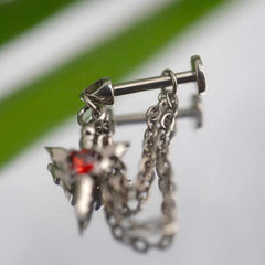 Stainless Steel Red Zircon Wing Chain Piercing Earring for Women Men Gothic Silver Col close-up view