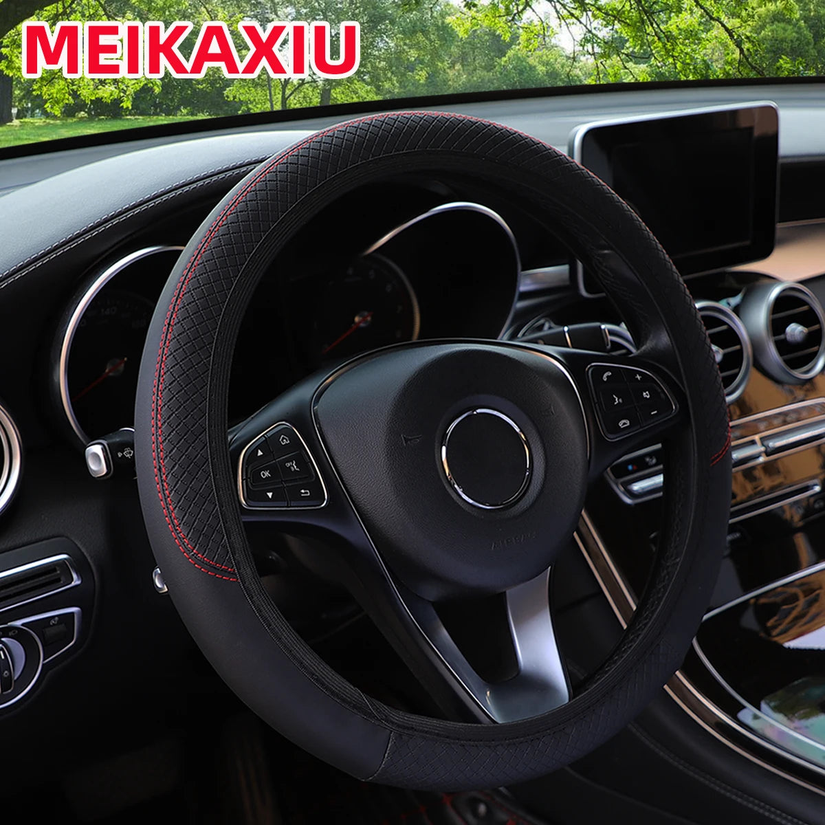 PU leather checkered embossed multi-color car rimless steering wheel cover suitable for detail view
