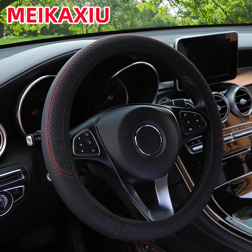 PU leather checkered embossed multi-color car rimless steering wheel cover suitable for detail view