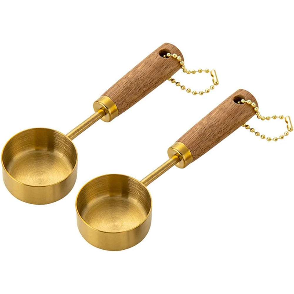 Stainless Steel Measuring Spoon Set | Gold Wood Handle Kitchen Baking Tool additional angle