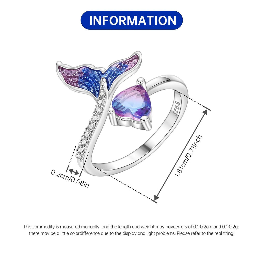 2026 HOT Sale 925 Sterling Silver Open Rings Adjustable Mermaid Heart Inlaid Zircon Ri close-up view