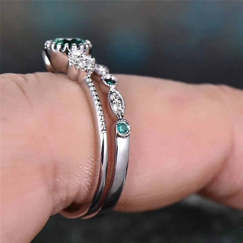 925 Sterling Silver Ring Set with Emerald Zircon Crystals for Women Engagement Weddin alternate view