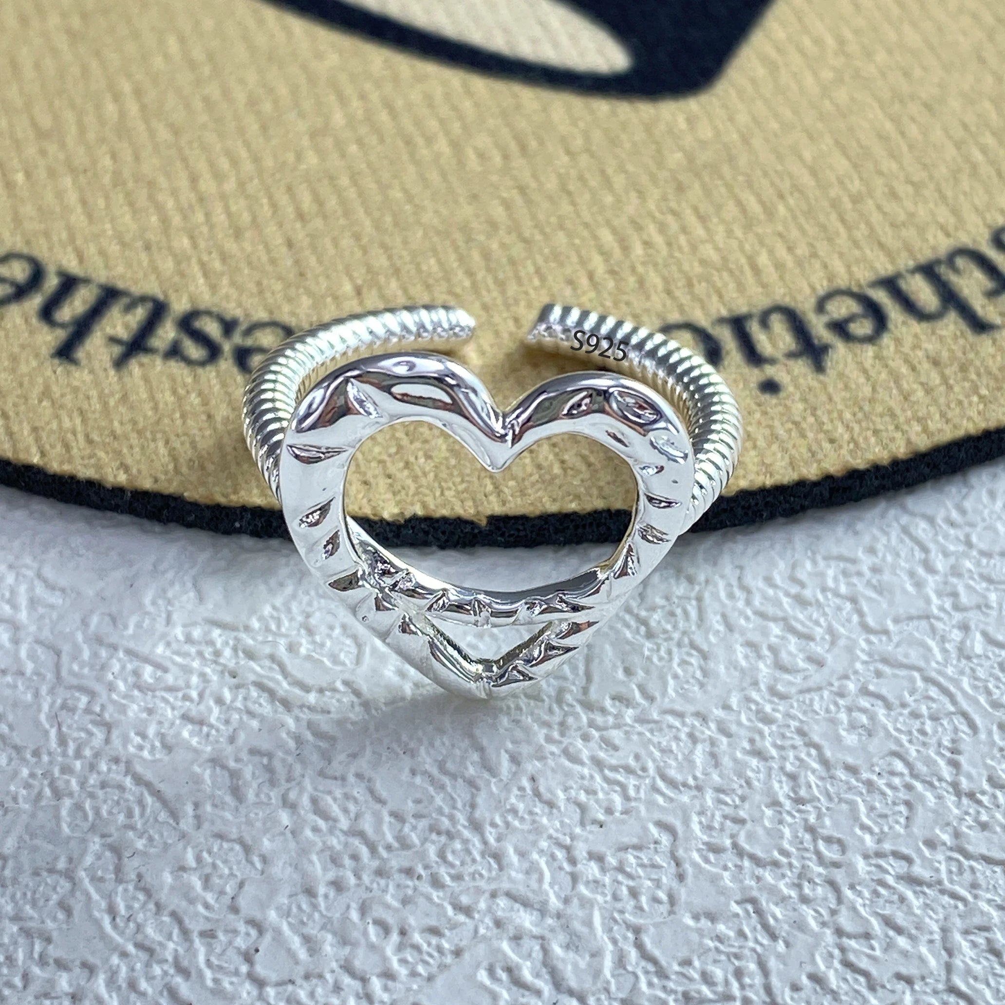 PANJBJ 925 Sterling Silver Frosting Geometry Ring for Women Wide Texture Versatile Handm detail view