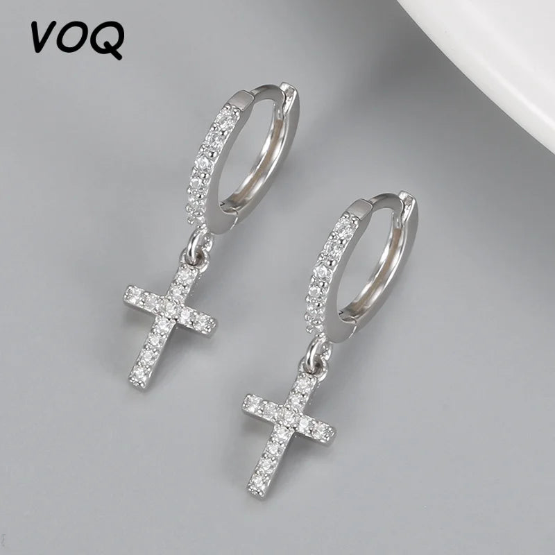 VOQ Silver Color Cross Zircon Pendant Earrings Personality Accessories Pendant Earrings Women's Frie