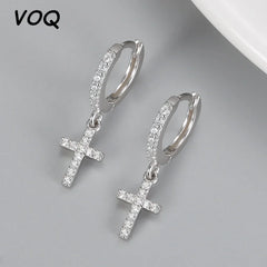 VOQ Silver Color Cross Zircon Pendant Earrings Personality Accessories Pendant Earrings Women's Frie