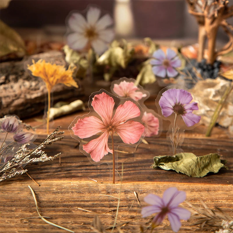 Journal GO 50pcs Dried Flower Collection PET Stickers Decorative Handmade Scrapbooking Material Diary Album Craft Card DIY Label