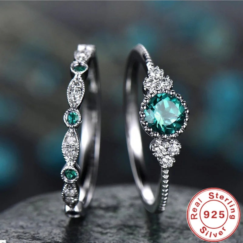 925 Sterling Silver Ring Set with Emerald Zircon Crystals for Women Engagement Wedding Glamour Jewel
