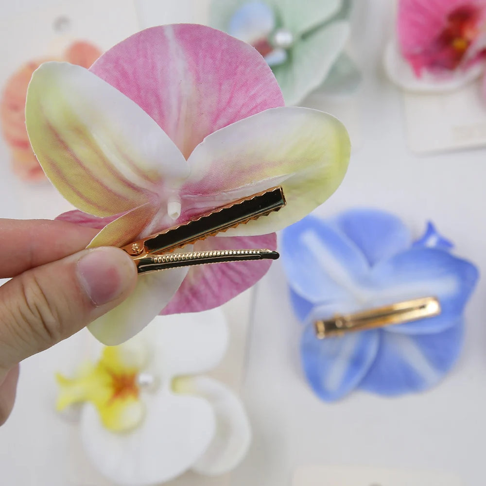 Artificial Orchid Flower Butterfly Hair Clips for Woman Girls Phalaenopsis Pearl Duckbil detail view