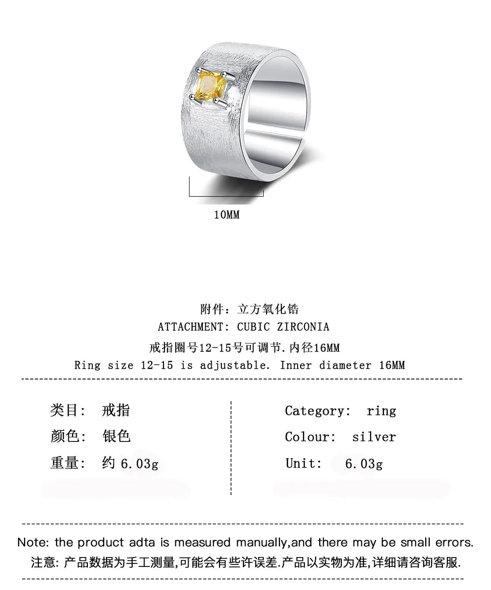 Real 925 Sterling Silver Square Citrine Gemstone Frosted Wide Opening Ring For Women alternate view