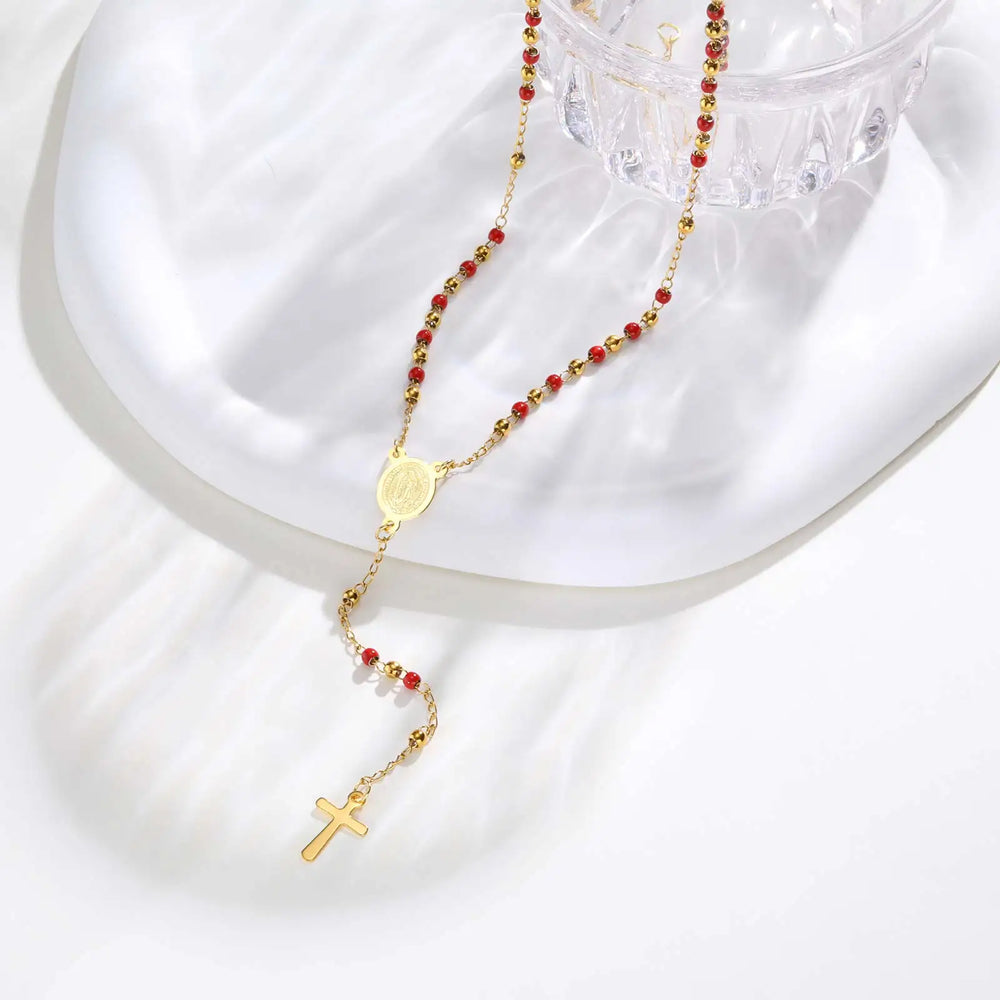 Colored Bead Y-Shaped Cross Necklace | Stainless Steel Catholic Rosary Jewelry for Wom close-up view