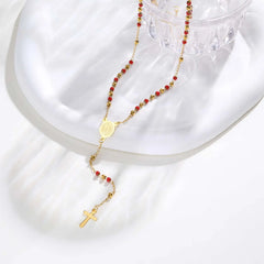 Colored Bead Y-Shaped Cross Necklace | Stainless Steel Catholic Rosary Jewelry for Wom close-up view