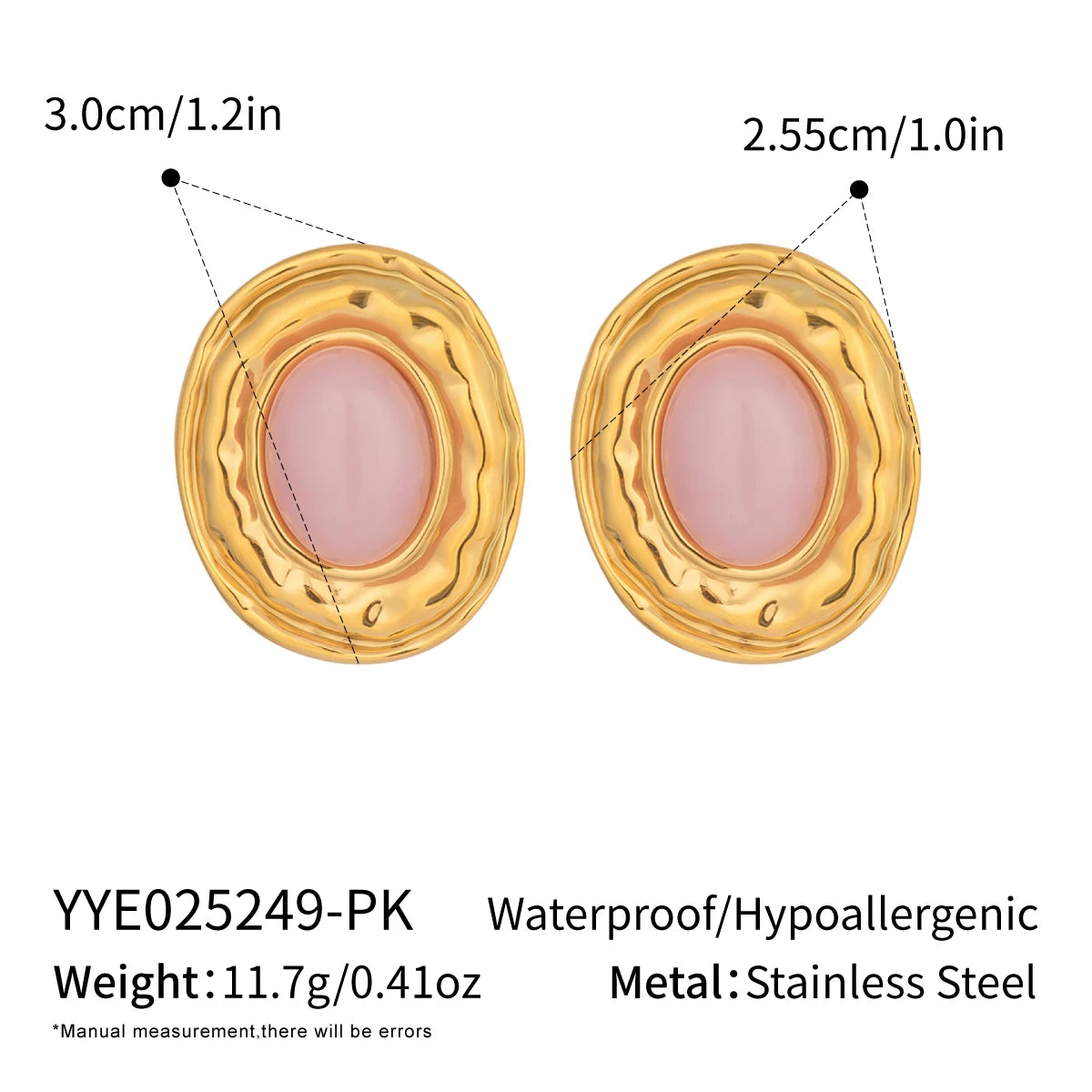 Vintage Oval Stud Earrings | 18K Gold Plated Stainless Steel Natural Stone Jewelry additional angle